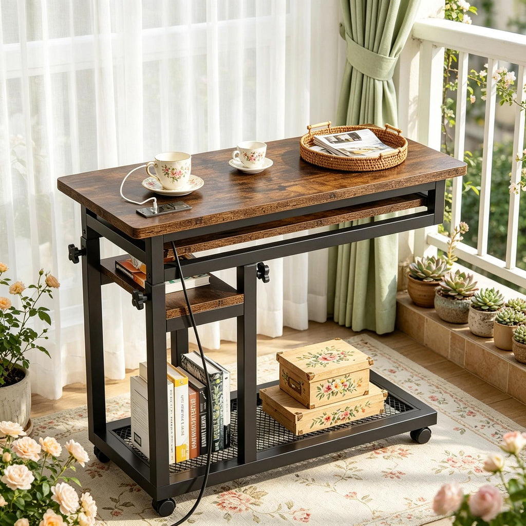 Portable Desk  with Power Outlet Mobile C Table for Bedroom Or Office Use