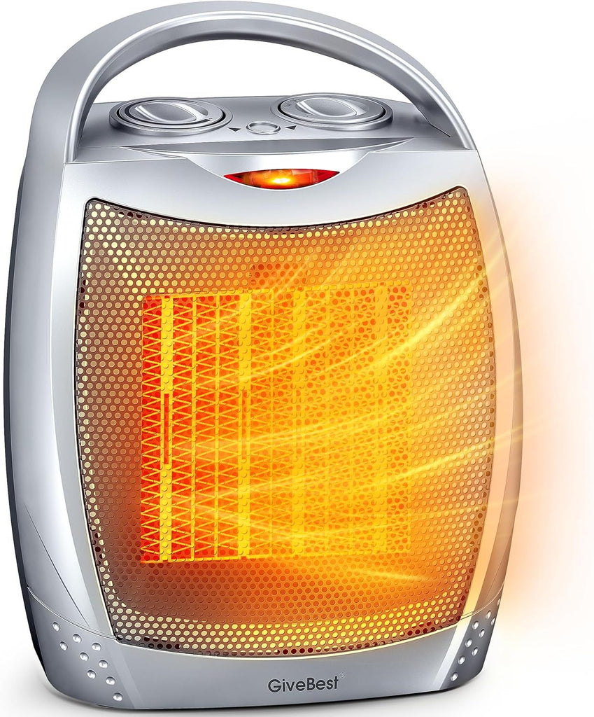 Portable Electric Space Heater with Thermostat, 1500W/750W Safe and Quiet Ceramic Heater Fan, Heat Up 200 Square Feet for Office Room Desk Indoor Use, Silver