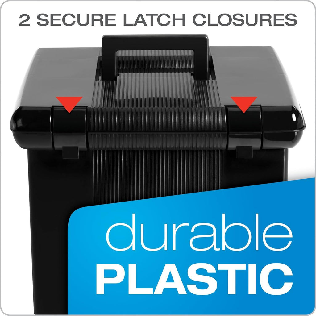Portable File Box with File Rails, Simple Document Storage, File Bin for Home and Office, Hinged Lid with Double Latch Closure, Black, 3 Black Letter Size Hanging Folders Included (41742AMZ)