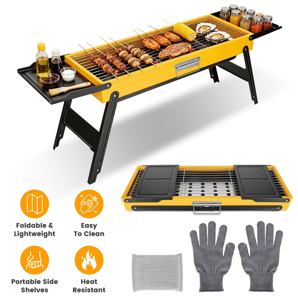 Portable Folding Charcoal Grill Stainless Steel Camping BBQ Grill with Side Panels Compact Tabletop Barbecue Grill with Carry Handle for Picnic Backyard Beach Travel