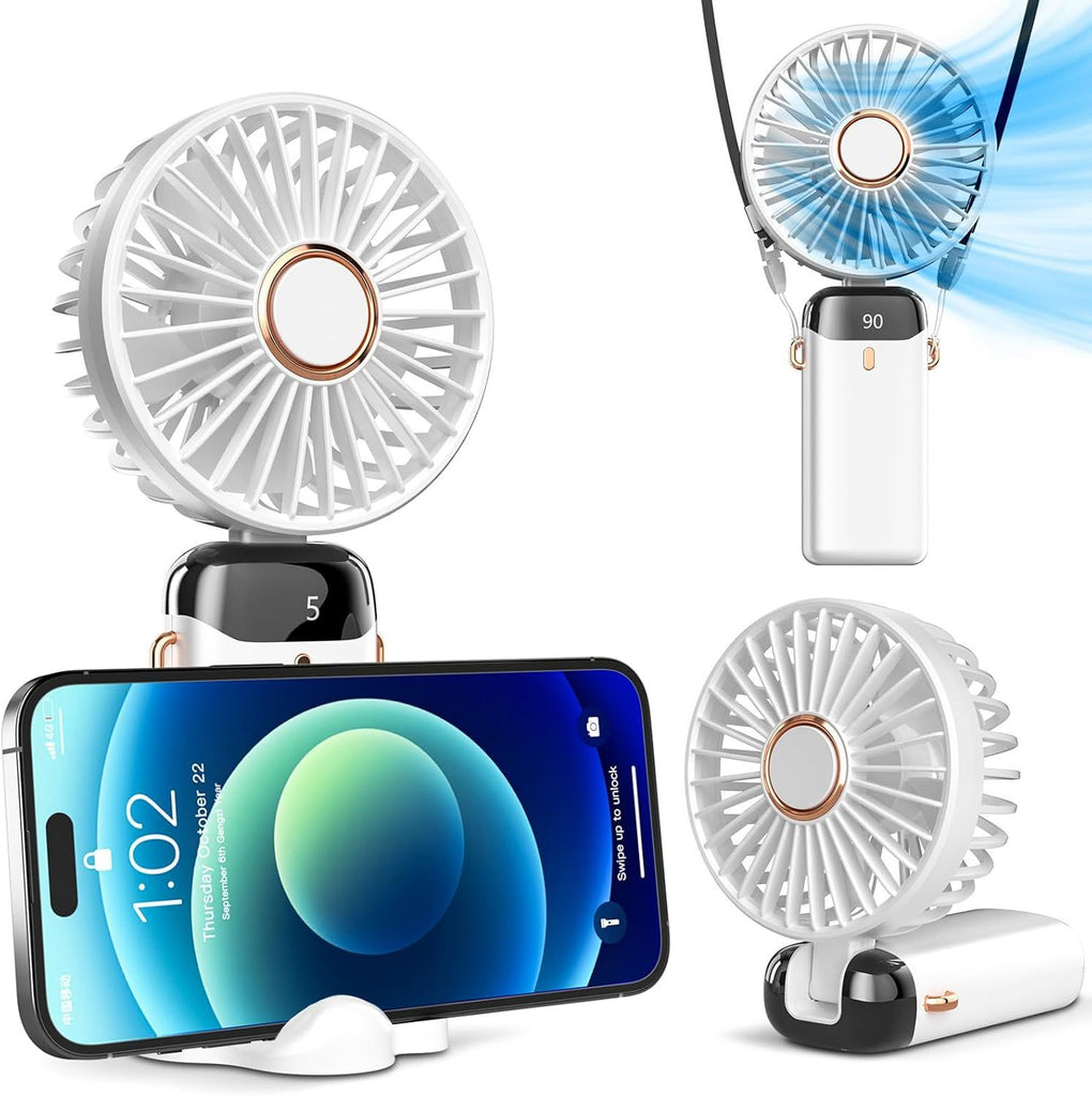 Portable Handheld, Battery Operated with Base, 8 Hours, Digital Display, 5 Speeds, 90° Ajustable, Rechargeable Mini for Outdoor Indoor
