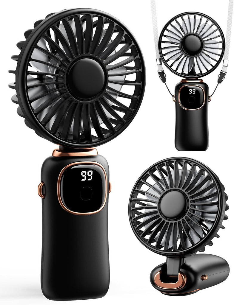 Portable Handheld Fan, 4000mAh Battery Operated 3 in 1 Multifunction Personal Travel Fans with Digital Display, 90° Foldable Desk Fans with Base, 5 Speed Lash Fan for Makeup/Office