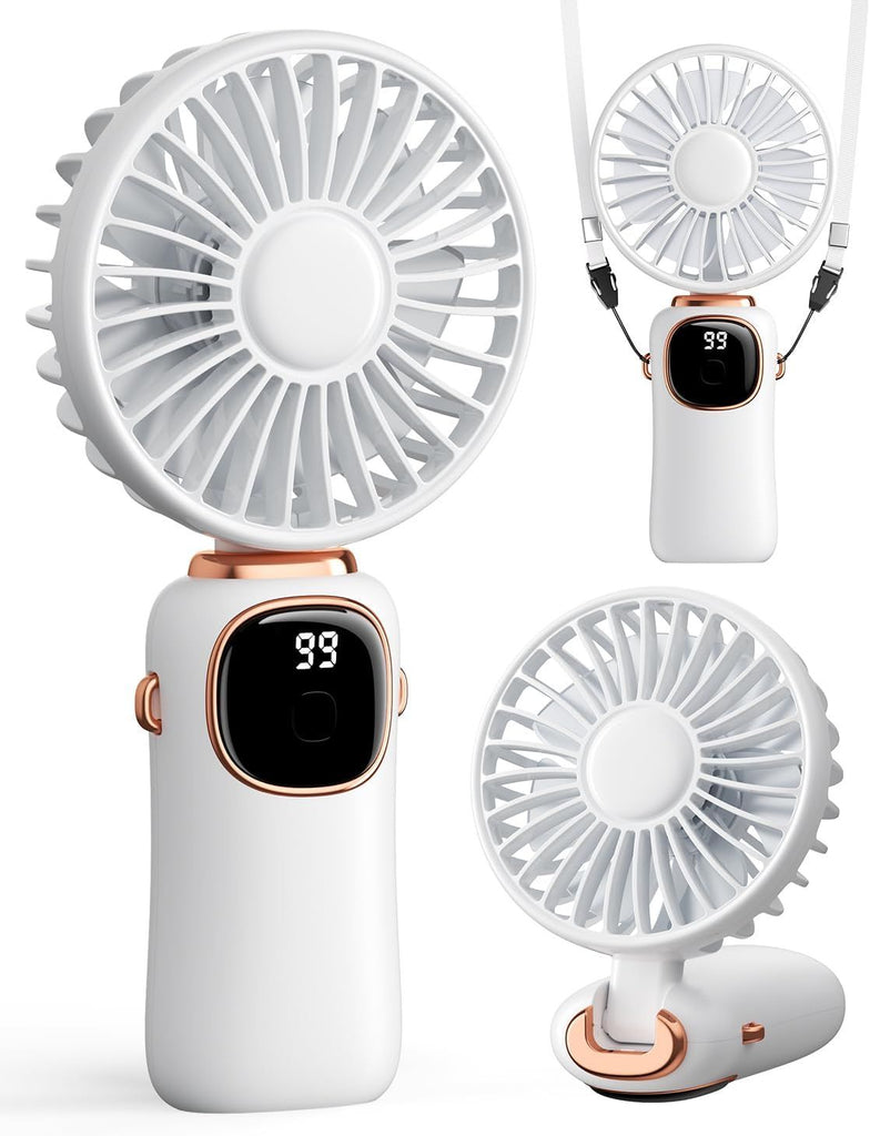 Portable Handheld Fan, 4000mAh Battery Operated 3 in 1 Multifunction Personal Travel Fans with Digital Display, 90° Foldable Desk Fans with Base, 5 Speed Lash Fan for Makeup/Office