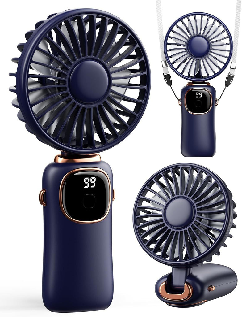 Portable Handheld Fan, 4000mAh Battery Operated 3 in 1 Multifunction Personal Travel Fans with Digital Display, 90° Foldable Desk Fans with Base, 5 Speed Lash Fan for Makeup/Office
