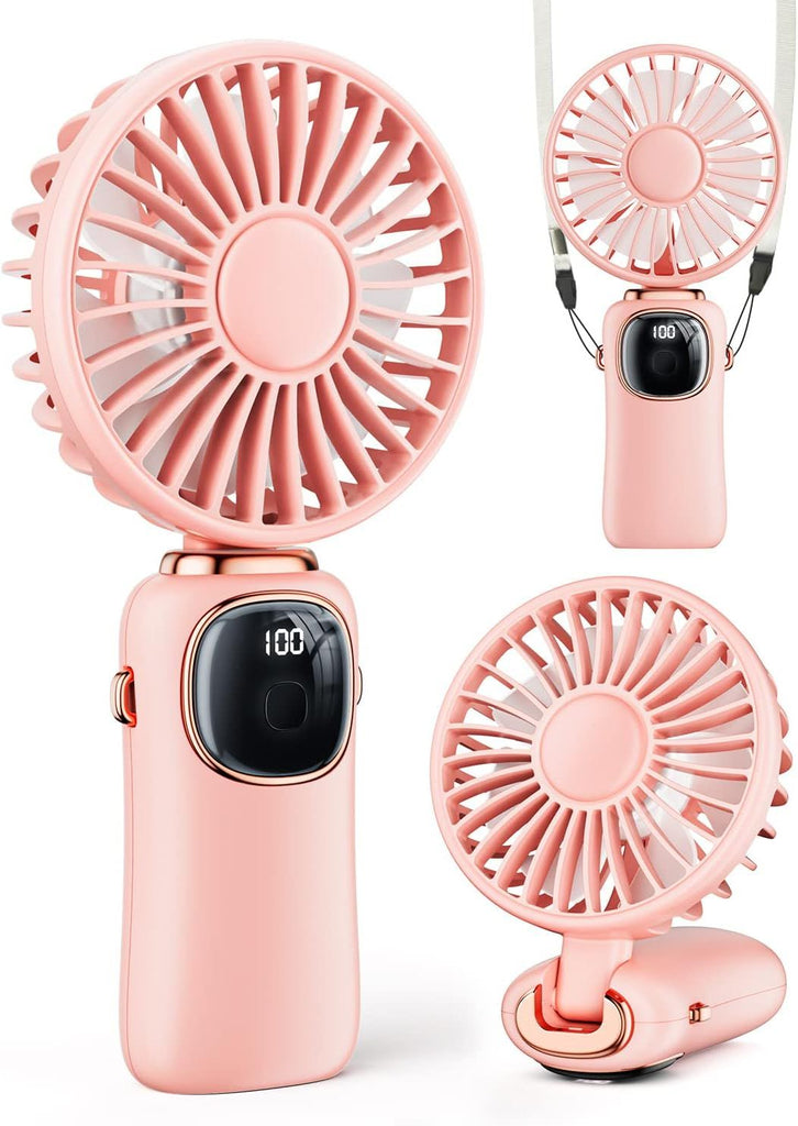 Portable Handheld Fan, 4000mAh Battery Operated 3 in 1 Multifunction Personal Travel Fans with Digital Display, 90° Foldable Desk Fans with Base, 5 Speed Lash Fan for Makeup/Office