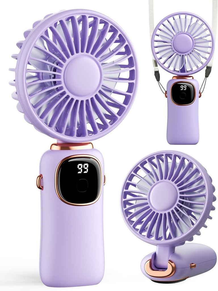 Portable Handheld Fan, 4000mAh Battery Operated 3 in 1 Multifunction Personal Travel Fans with Digital Display, 90° Foldable Desk Fans with Base, 5 Speed Lash Fan for Makeup/Office
