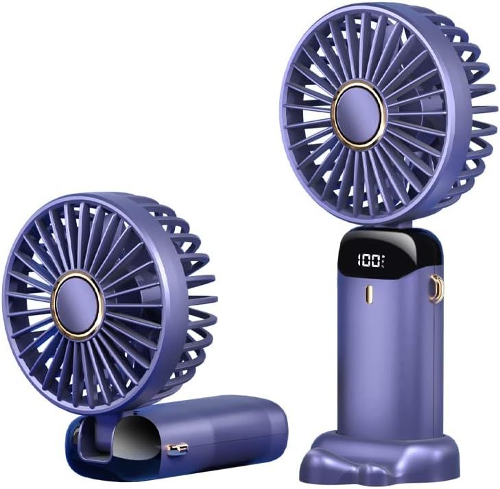 Portable Handheld Fan Battery Operated with Base, 8 Hours, Digital Display, 5 Speeds, 90° Ajustable, Rechargeable Mini Fan for Outdoor Indoor