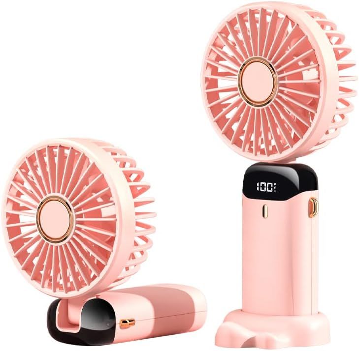 Portable Handheld Fan Battery Operated with Base, 8 Hours, Digital Display, 5 Speeds, 90° Ajustable, Rechargeable Mini Fan for Outdoor Indoor