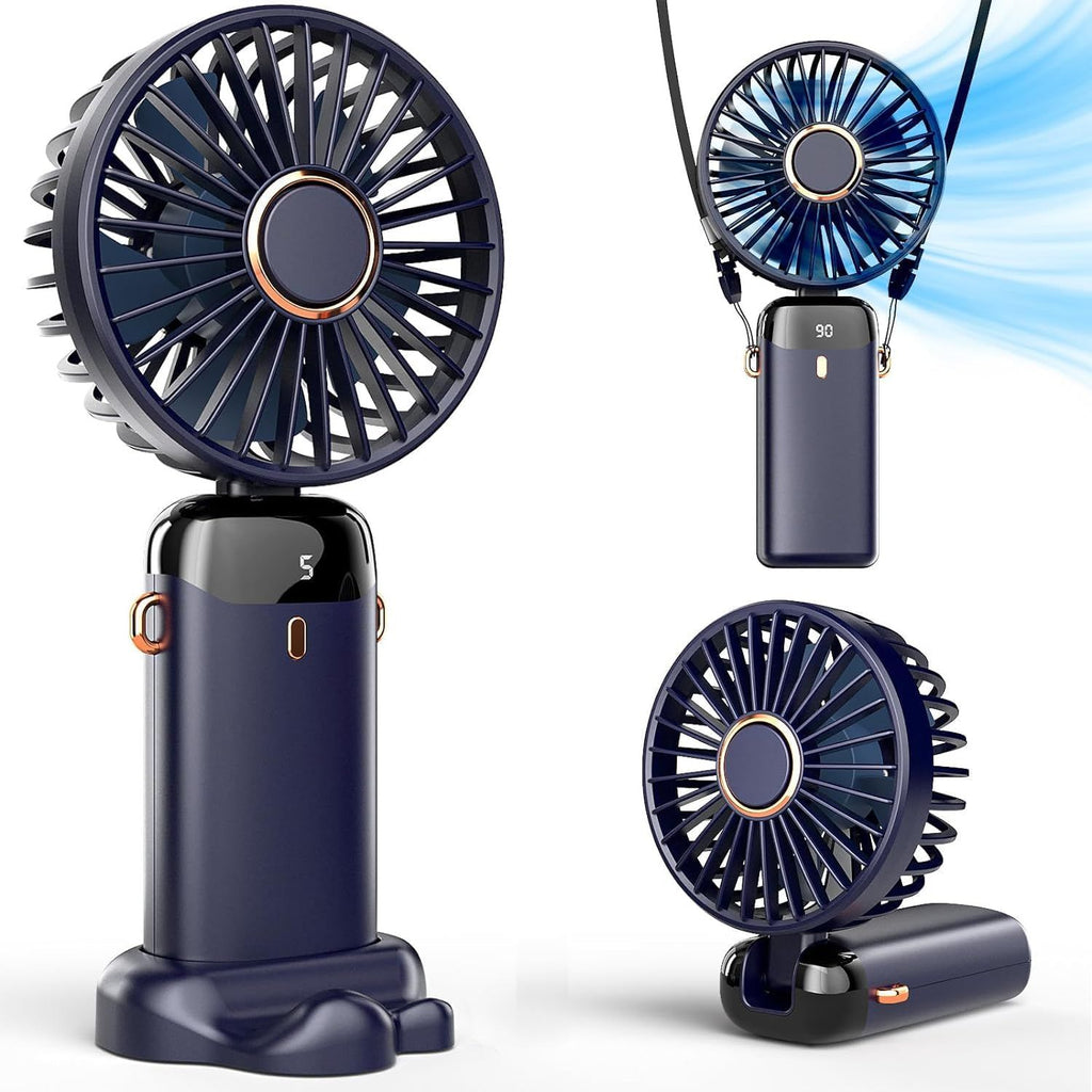 Portable Handheld Fan Battery Operated with Base, 8 Hours, Digital Display, 5 Speeds, 90° Ajustable, Rechargeable Mini Fan for Outdoor Indoor