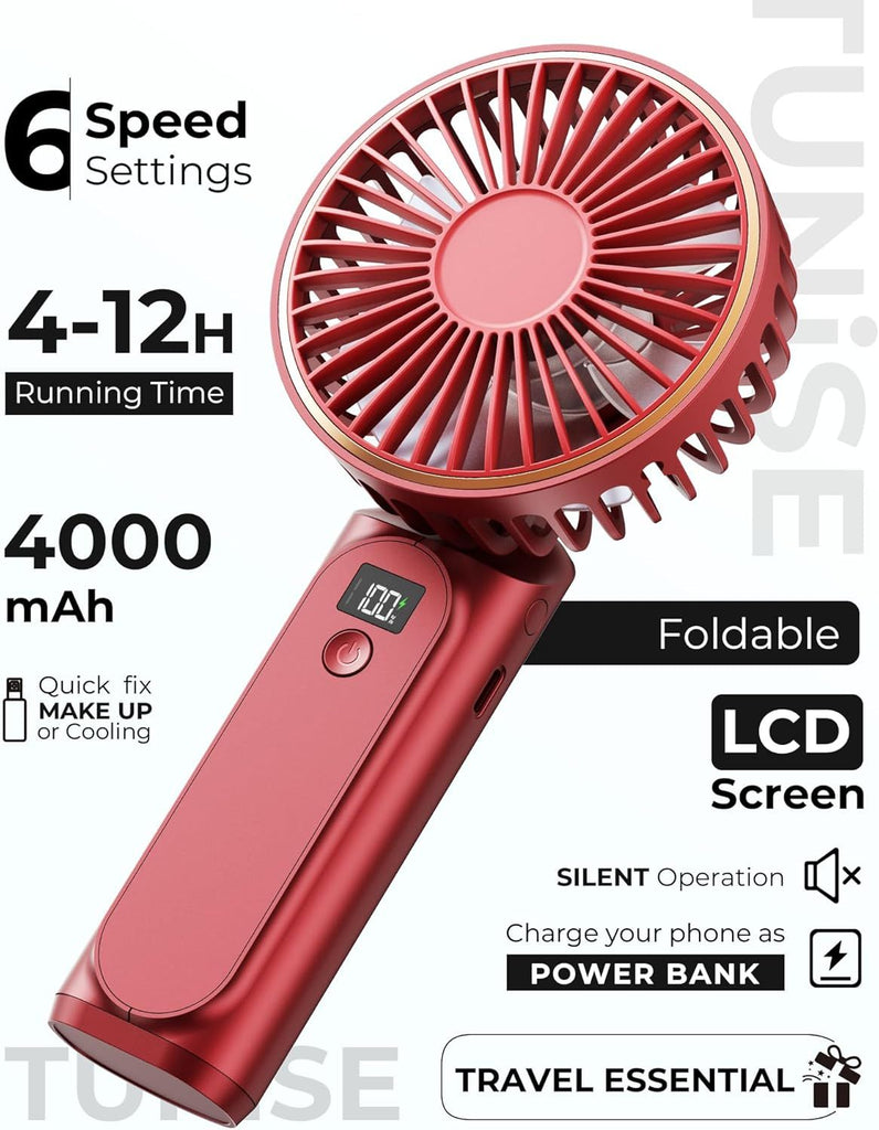 Portable Handheld Fan, Portable Fan Rechargeable, 4000mAh, 180° Adjustable, 6 Speed Wind, Display Electricity in Real Time, USB Rechargeable Foldable F an, Quiet Personal Fan as Power Bank