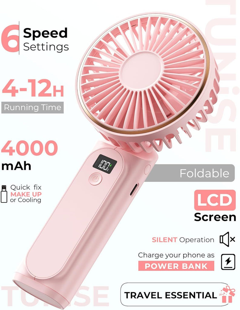 Portable Handheld Fan, Portable Fan Rechargeable, 4000mAh, 180° Adjustable, 6 Speed Wind, Display Electricity in Real Time, USB Rechargeable Foldable F an, Quiet Personal Fan as Power Bank
