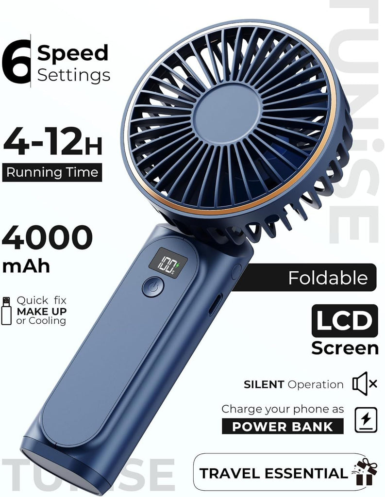 Portable Handheld Fan, Portable Fan Rechargeable, 4000mAh, 180° Adjustable, 6 Speed Wind, Display Electricity in Real Time, USB Rechargeable Foldable F an, Quiet Personal Fan as Power Bank