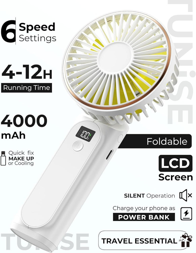 Portable Handheld Fan, Portable Fan Rechargeable, 4000mAh, 180° Adjustable, 6 Speed Wind, Display Electricity in Real Time, USB Rechargeable Foldable F an, Quiet Personal Fan as Power Bank