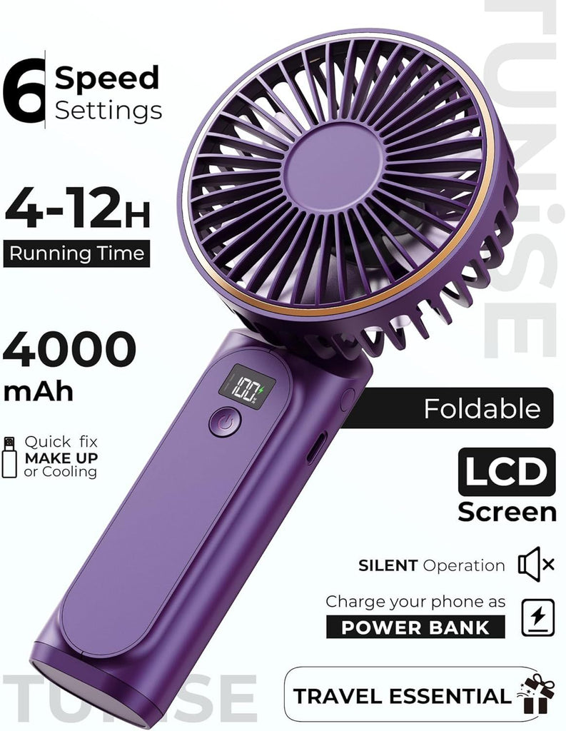 Portable Handheld Fan, Portable Fan Rechargeable, 4000mAh, 180° Adjustable, 6 Speed Wind, Display Electricity in Real Time, USB Rechargeable Foldable F an, Quiet Personal Fan as Power Bank