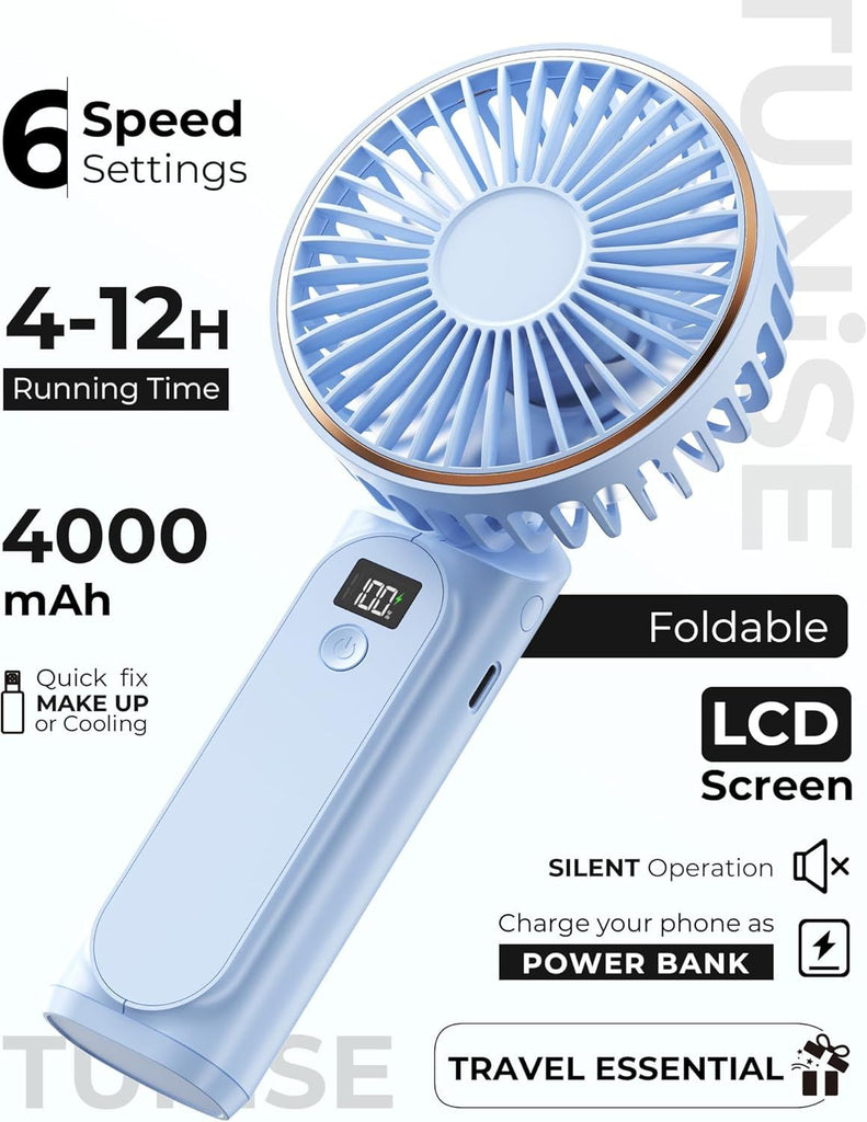 Portable Handheld Fan, Portable Fan Rechargeable, 4000mAh, 180° Adjustable, 6 Speed Wind, Display Electricity in Real Time, USB Rechargeable Foldable F an, Quiet Personal Fan as Power Bank