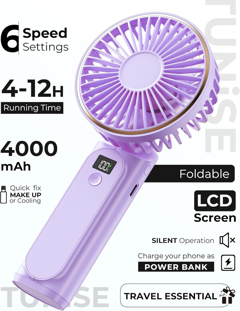Portable Handheld Fan, Portable Fan Rechargeable, 4000mAh, 180° Adjustable, 6 Speed Wind, Display Electricity in Real Time, USB Rechargeable Foldable F an, Quiet Personal Fan as Power Bank
