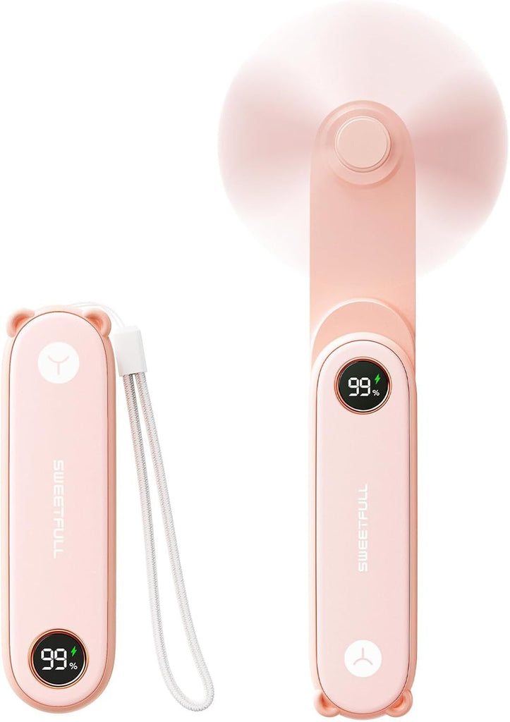 Portable Handheld Mini Fan with LED Display, 3-in-1 Personal Foldable USB Rechargeable Hand Held Fan & Flashlight for Travel, Lash Eyelash, Cute Small Pocket for Women, Girls