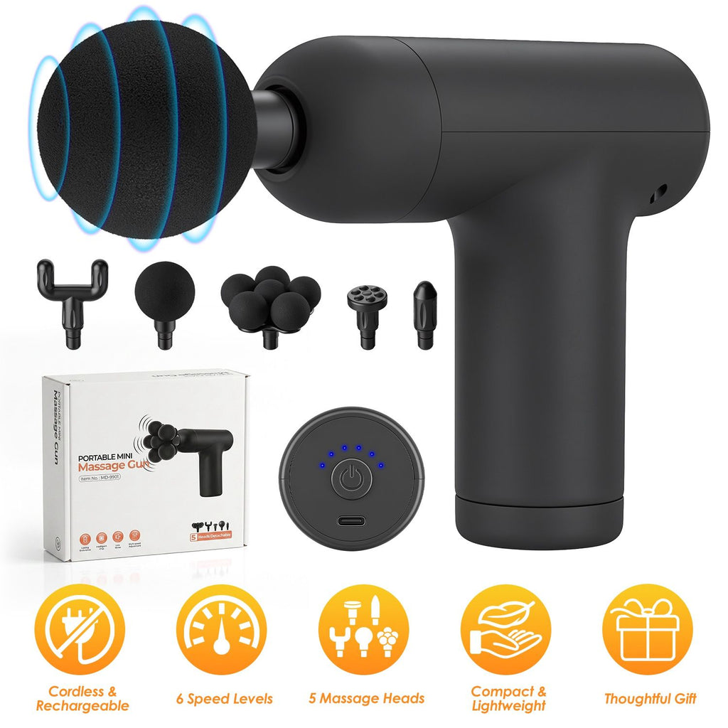 Portable Mini Massage Gun Deep Tissue Percussion Massager with 6 Speeds 5 Interchangeable Massage Heads Muscle Massager for Athletes Office Gym Travel