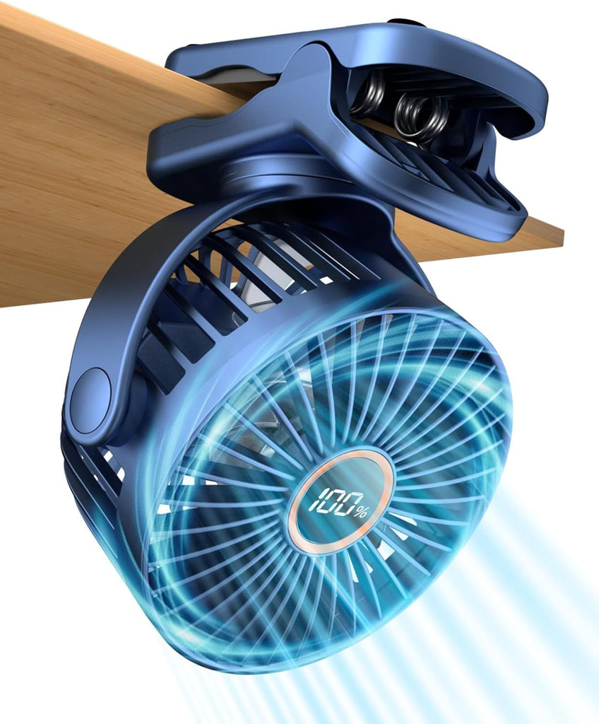 Portable Mini Personal Fan, Small Rechargeable Battery Powered Stroller Fan for Desk, Strong Clamp Grip, 360° Rotation, 3-Speed, LED Display, Clip On Cooler for Bed, Golf Cart, Office