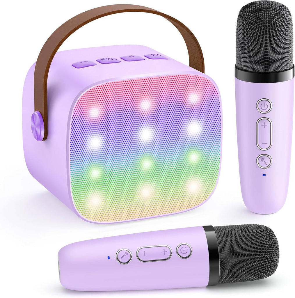 Portable Mini Speaker with 2 Wireless Microphones, TOP Kids Gifts for Girls Ages 3, 4, 5, 6, 7, 8, 9, 10+ Years Old, 4-12th Birthday Singing Present Toy Party (Purple)