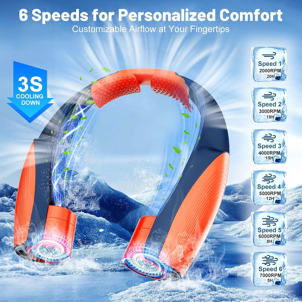 Portable Neck Fan with 6 Powerful Speeds, 8000mAh Battery Operated USB-C Rechargeable Fan, 20H Runtime, Hands-Free 360° Cooling Personal Wearable Neck Fan, Gift for Women Men Travel Concerts