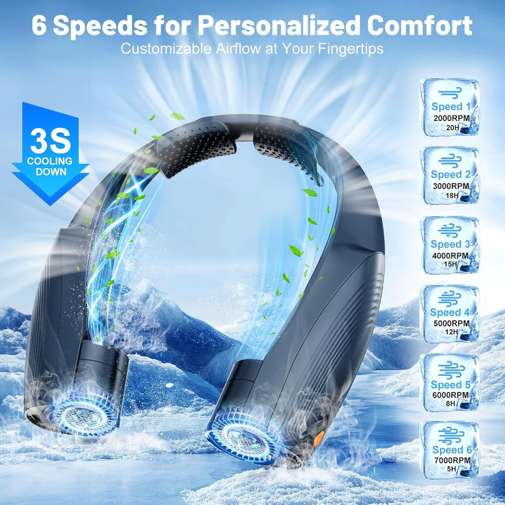 Portable Neck Fan with 6 Powerful Speeds, 8000mAh Battery Operated USB-C Rechargeable Fan, 20H Runtime, Hands-Free 360° Cooling Personal Wearable Neck Fan, Gift for Women Men Travel Concerts