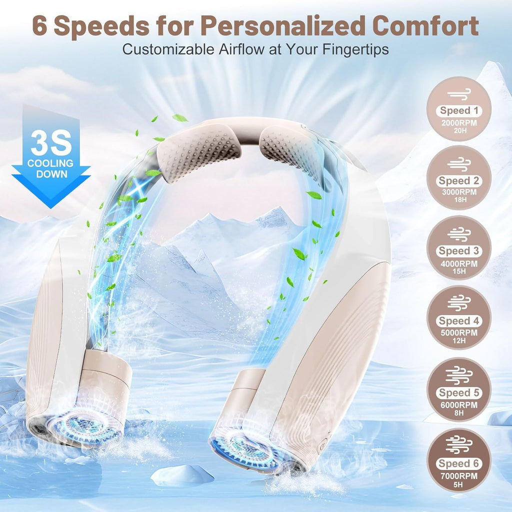 Portable Neck Fan with 6 Powerful Speeds, 8000mAh Battery Operated USB-C Rechargeable Fan, 20H Runtime, Hands-Free 360° Cooling Personal Wearable Neck Fan, Gift for Women Men Travel Concerts