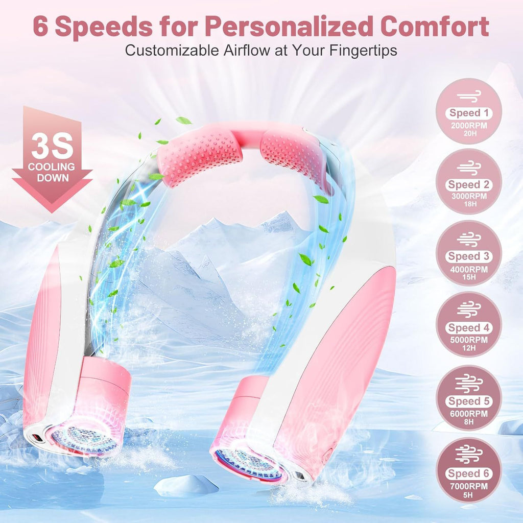 Portable Neck Fan with 6 Powerful Speeds, 8000mAh Battery Operated USB-C Rechargeable Fan, 20H Runtime, Hands-Free 360° Cooling Personal Wearable Neck Fan, Gift for Women Men Travel Concerts