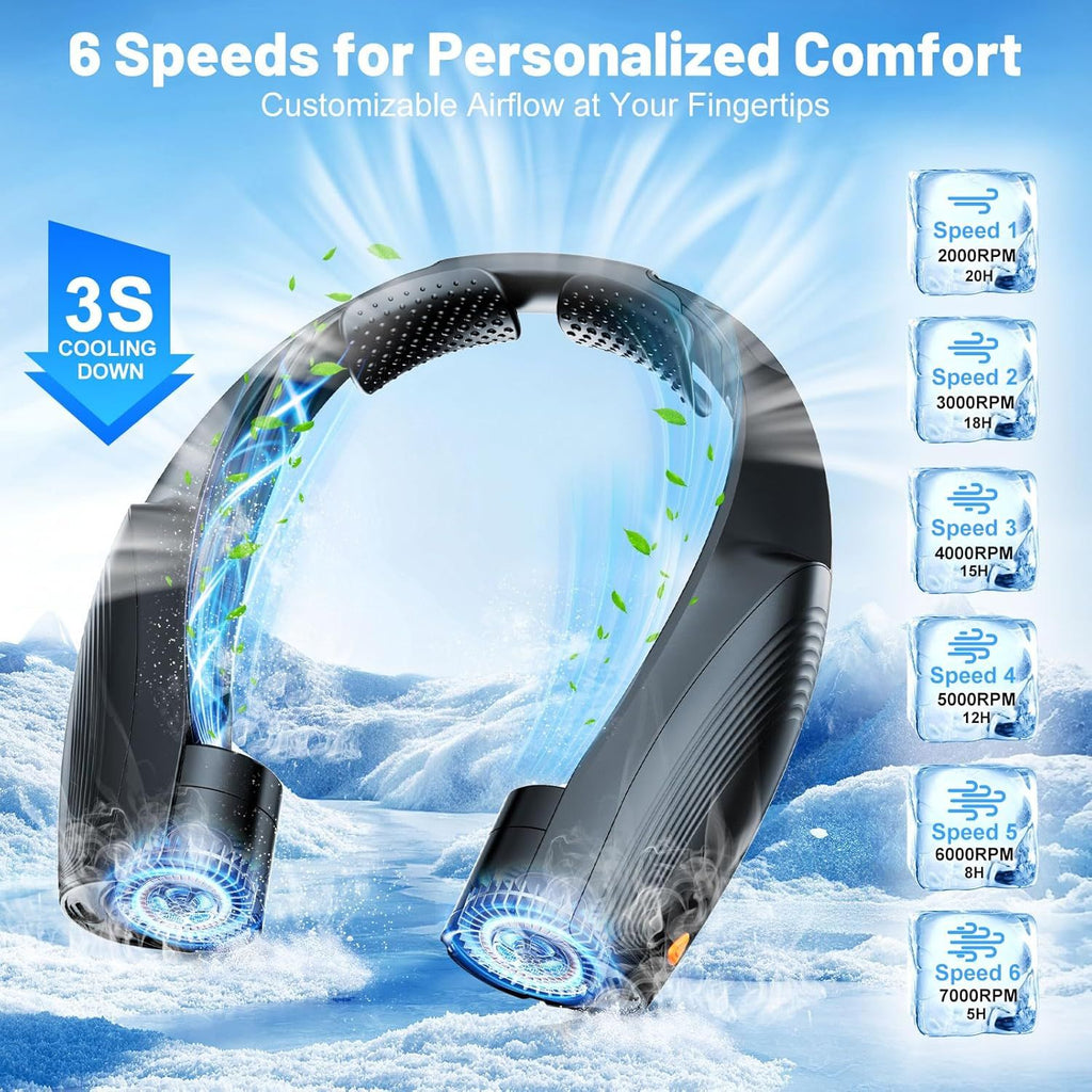 Portable Neck Fan with 6 Powerful Speeds, 8000mAh Battery Operated USB-C Rechargeable Fan, 20H Runtime, Hands-Free 360° Cooling Personal Wearable Neck Fan, Gift for Women Men Travel Concerts