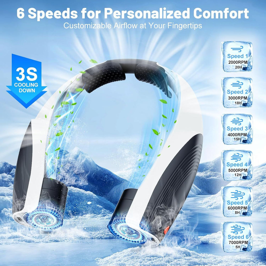 Portable Neck Fan with 6 Powerful Speeds, 8000mAh Battery Operated USB-C Rechargeable Fan, 20H Runtime, Hands-Free 360° Cooling Personal Wearable Neck Fan, Gift for Women Men Travel Concerts