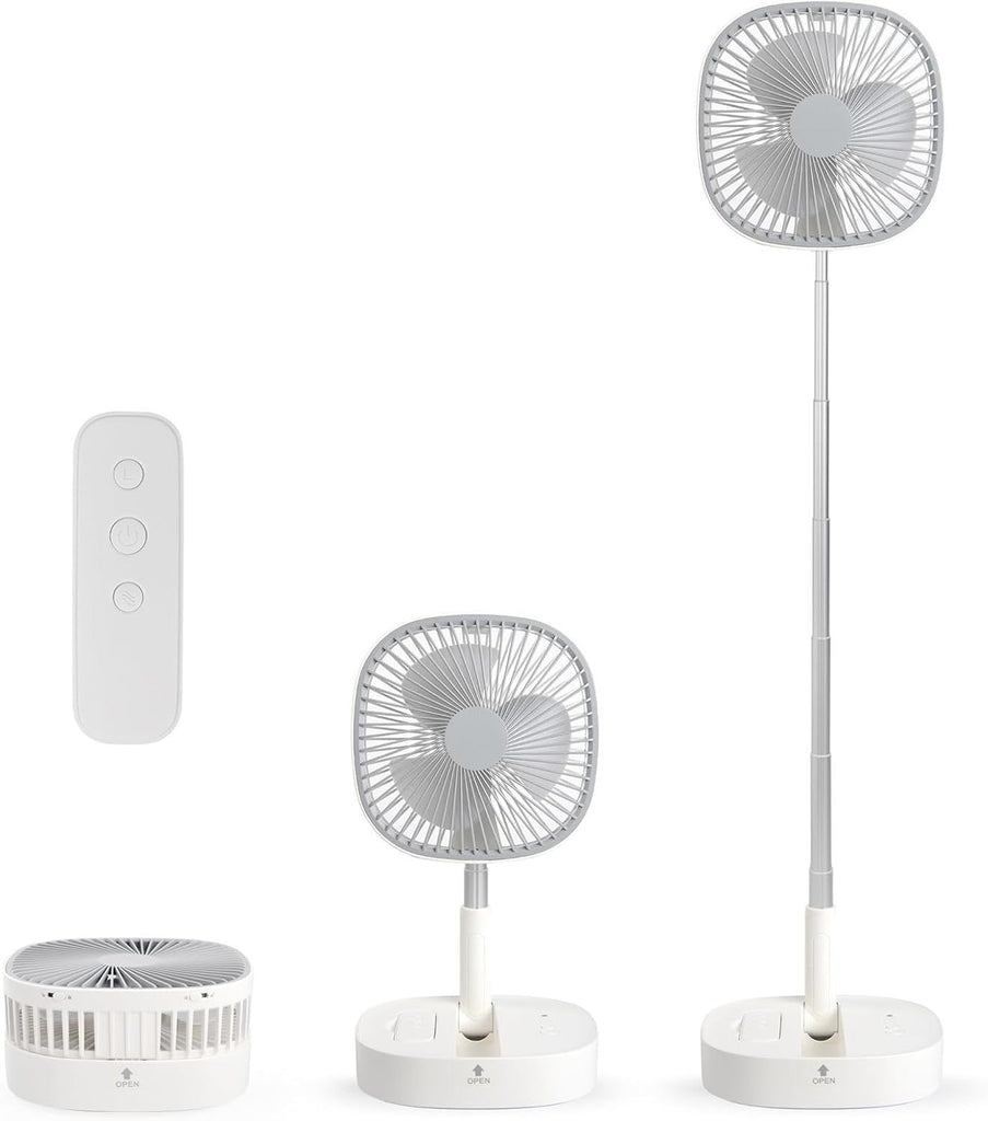 Portable Pedestal Fan - Foldaway Standing Fan Foldable Desk Fan, Use 7200Mah Rechargeable Battery, Remote Control Telescopic 4 Speed Quiet Timer Fan for Home Kitchen Outdoor Camping