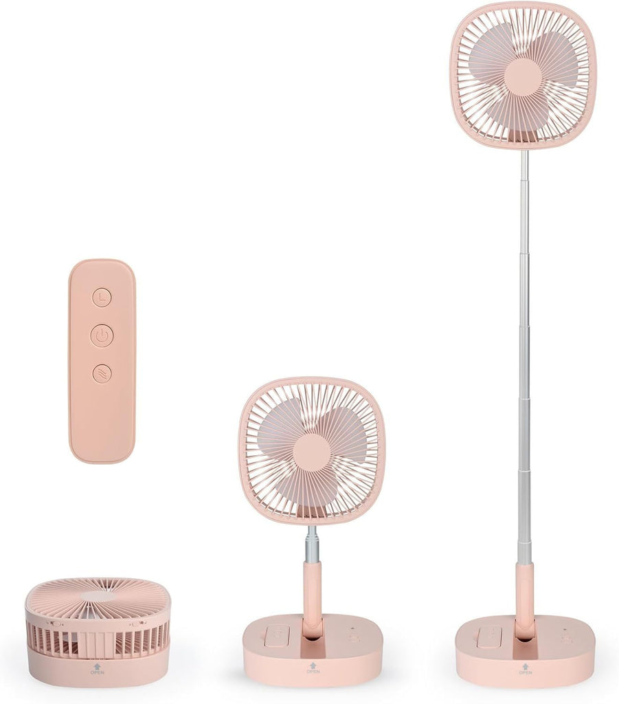 Portable Pedestal Fan - Foldaway Standing Fan Foldable Desk Fan, Use 7200Mah Rechargeable Battery, Remote Control Telescopic 4 Speed Quiet Timer Fan for Home Kitchen Outdoor Camping