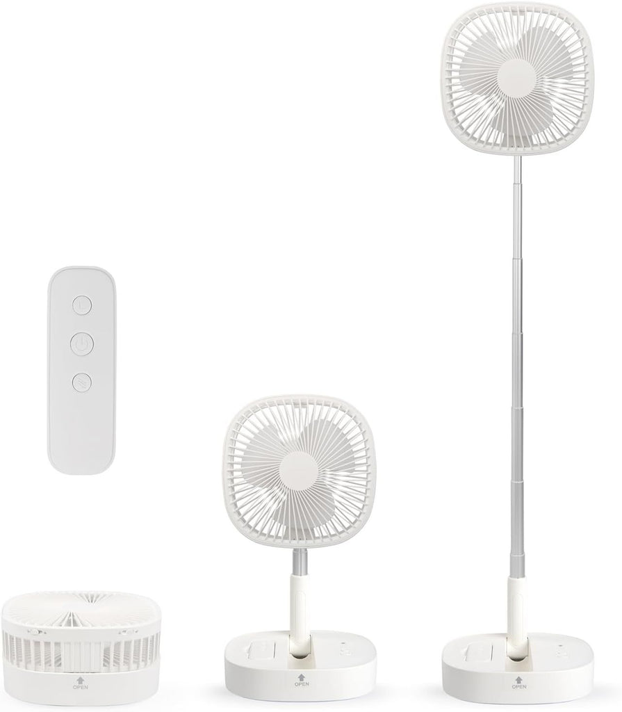 Portable Pedestal Fan - Foldaway Standing Fan Foldable Desk Fan, Use 7200Mah Rechargeable Battery, Remote Control Telescopic 4 Speed Quiet Timer Fan for Home Kitchen Outdoor Camping