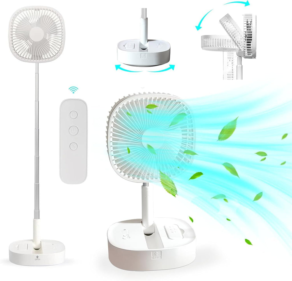 Portable Pedestal Fan - Foldaway Standing Fan Foldable Desk Fan, Use 7200Mah Rechargeable Battery, Remote Control Telescopic 4 Speed Quiet Timer Fan for Home Kitchen Outdoor Camping