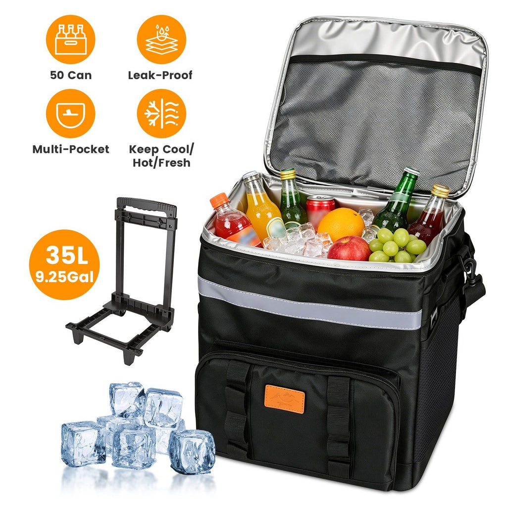 Portable Rolling Cooler Bag with Wheels and Side Handles Shoulder Strap 30L 50 Can Collapsible Insulated Leakproof Cooler for Camping Patio Travel Outdoor Ball Fields Beach