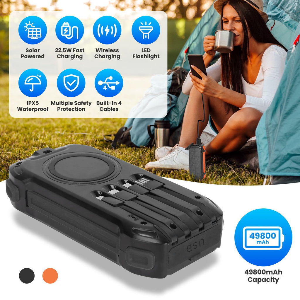 Portable Solar Charger 49800mAh Power Bank External Battery Pack 22.5W PD Fast Charging Built in 4 Cables 15W Wireless Charging LED Flashlight for Camping Hiking Picnic Travel