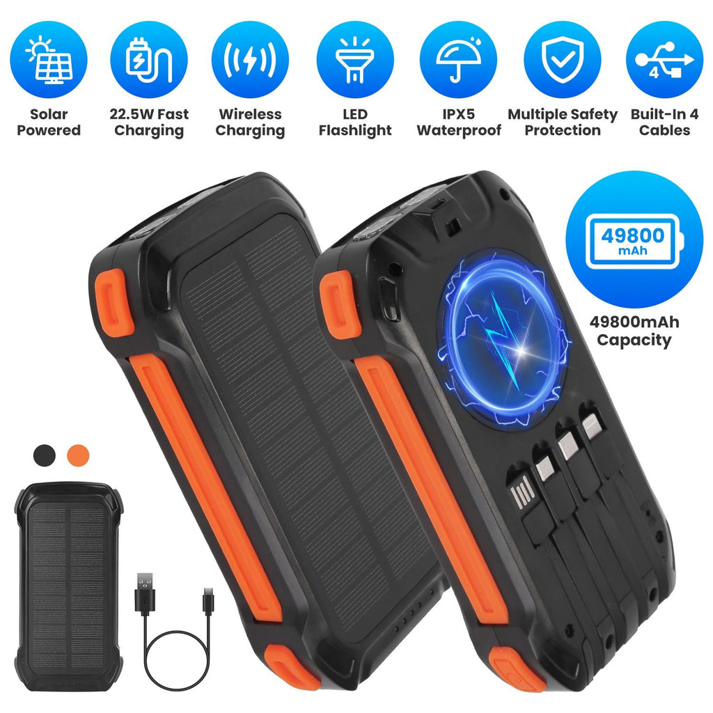 Portable Solar Charger 49800mAh Power Bank External Battery Pack 22.5W PD Fast Charging Built in 4 Cables 15W Wireless Charging LED Flashlight for Camping Hiking Picnic Travel