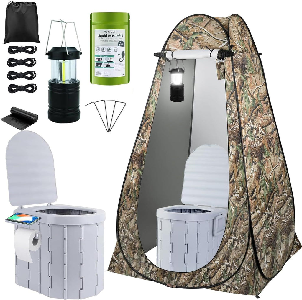 Portable Toilet Kit, Camping Toilet with Pop-Up Privacy Tent and Poo Gel Toilet Bags, Washable Portable Outdoor Showers Changing Rooms