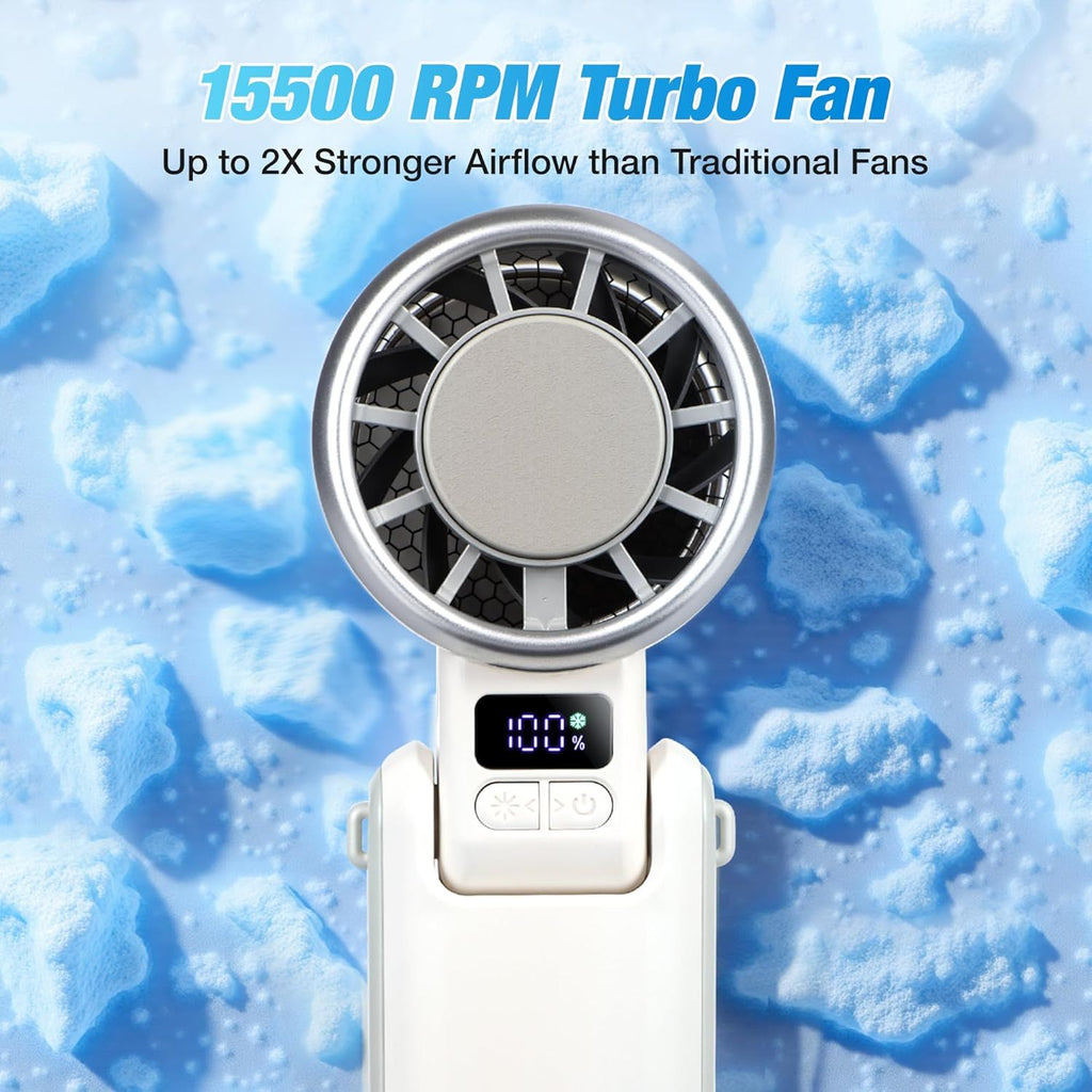 Portable Turbo Handheld Fan with ICE Cooling – 4000mAh Battery, 5-Speed Wind, Brushless Motor, Fast Charging USB-C, FFoldable, Wearable & Desktop Use, Mini Fan for Outdoor, Travel & Work