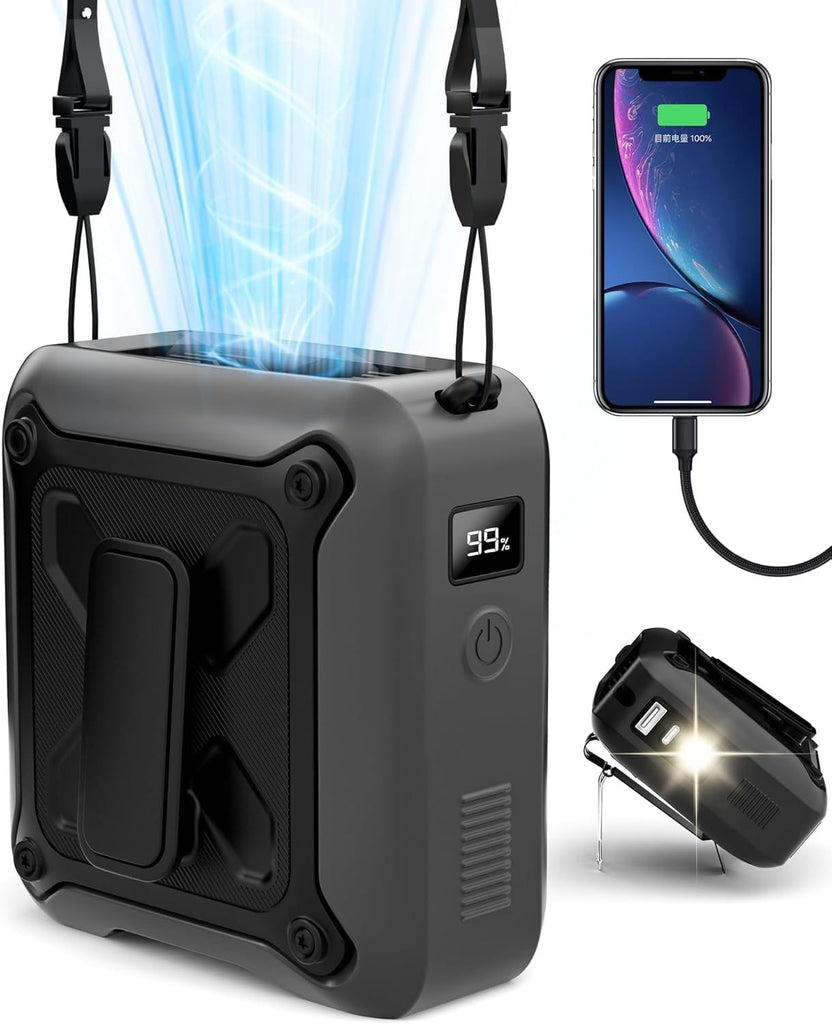 Portable Waist Fan Clip on Belt Under Shirt w/LED Display & Flashlight, 8000mAh Battery Powered, Rechargeable 5-Speed 14600RPM Personal Cooling Fan for Construction, Warehouse, Outdoor Jobsite,Black