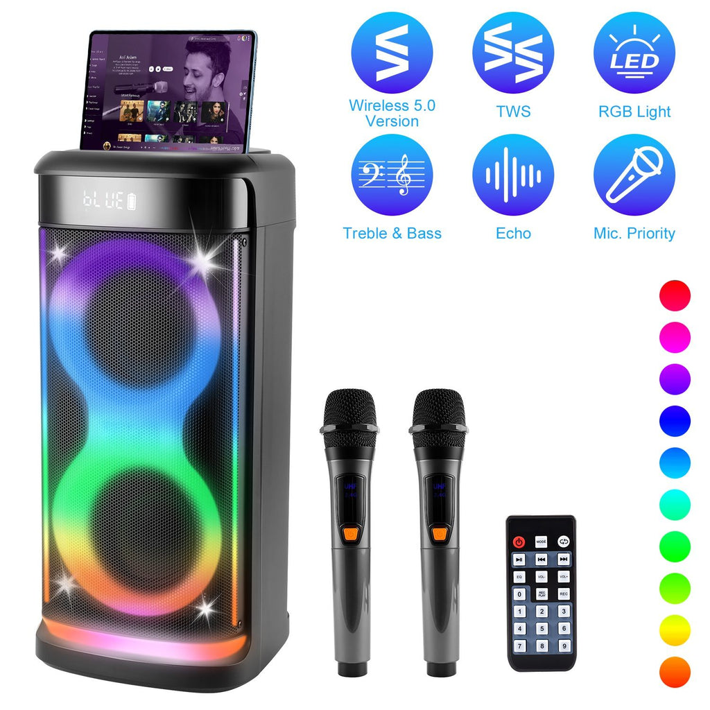 Portable Wireless Party Speaker with LED Light Wireless Mic Remote Control TWS Treble Bass Mic. Echo Music Accompany Mic. Priority Guitar In