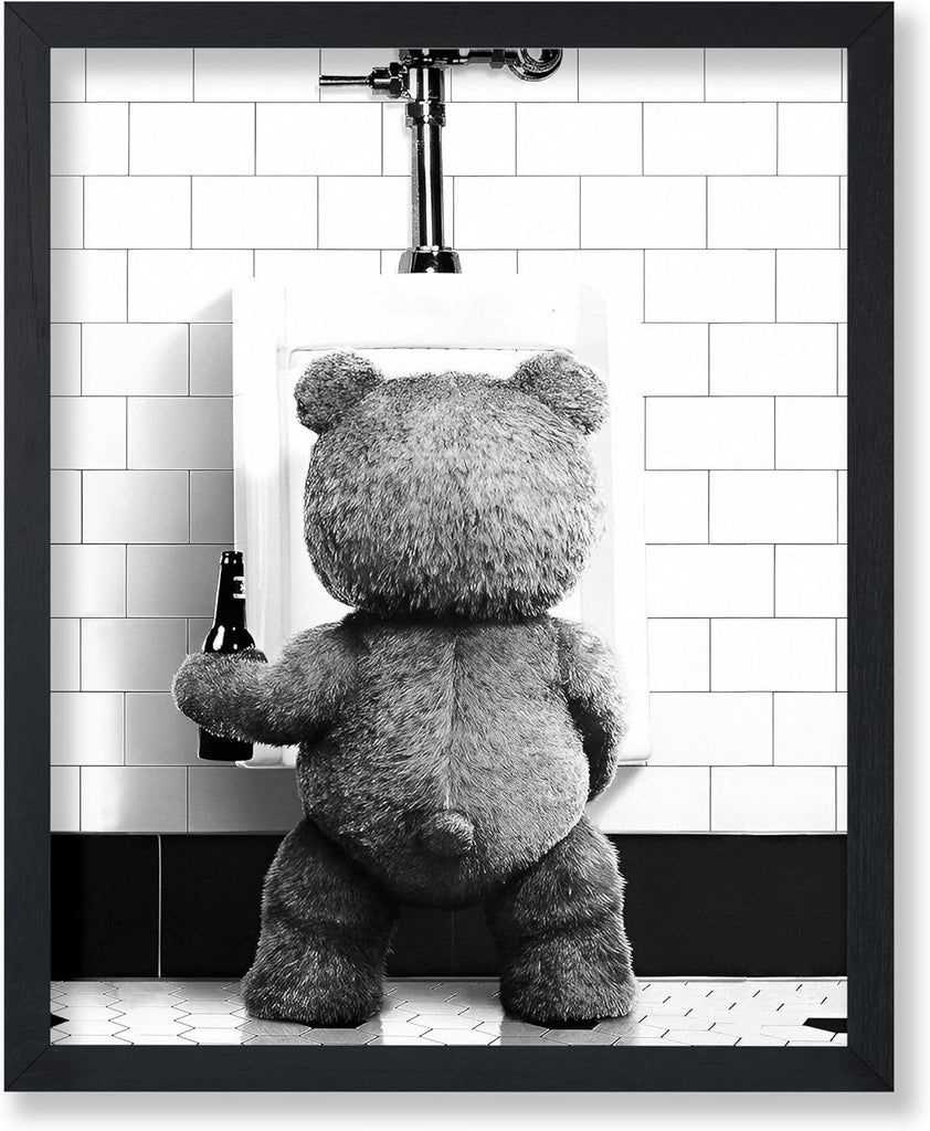 Poster Master Funny Teddy Bear Print - Humorous Gift for Men, Women, and Movie Fans - Black & White Wall Art for Bathroom, Restroom, Nursery, Kids Room - 8x10 UNFRAMED Wall Art