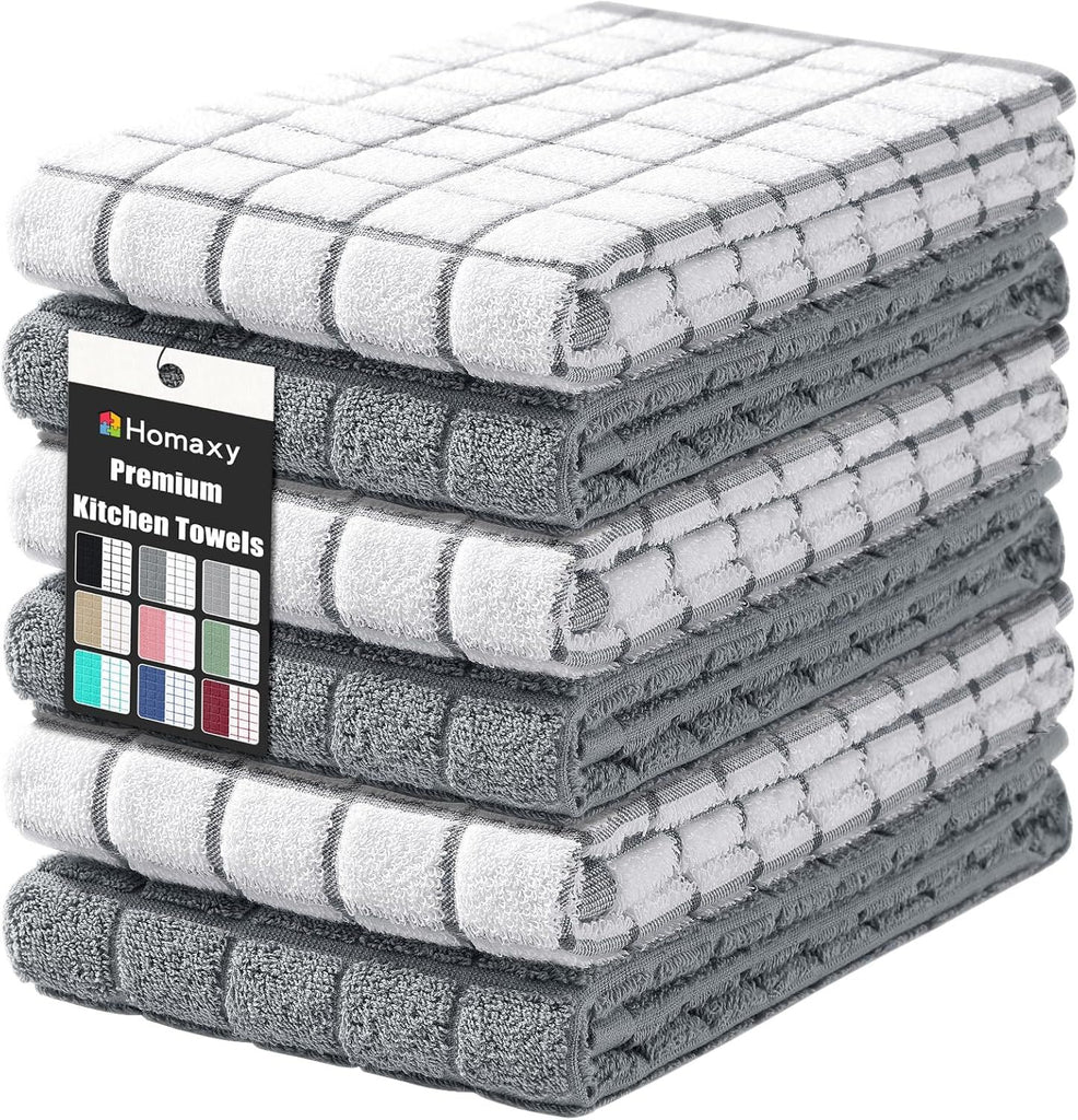 Premium Cotton Kitchen Towels 16"x 28", Large Natural Ring Spun 390 GSM Dish Towels, Super Absorbent Terry Kitchen Hand Towels, Soft Tea Towel with Hanging Loop, Grey Check Design, 6 Pack