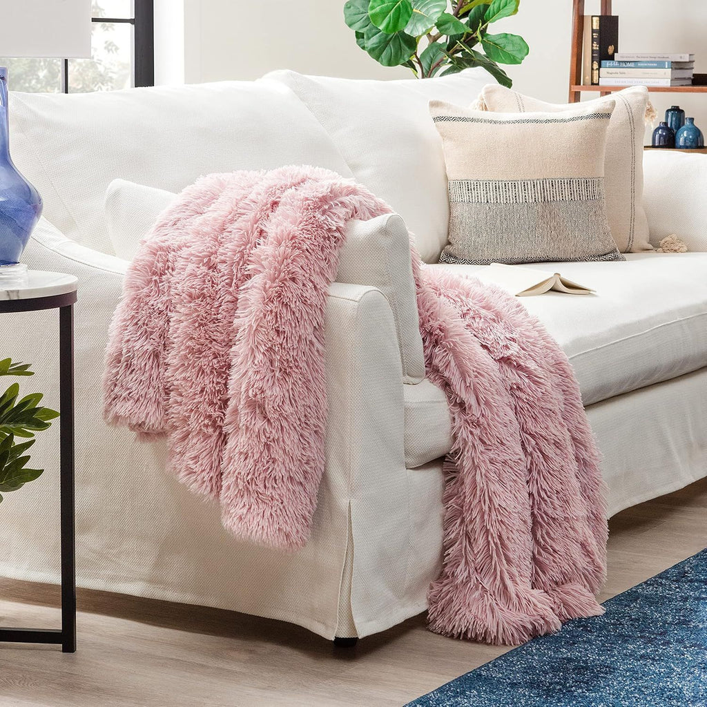 Premium Solid Faux Long Fur Throw Blanket - Soft, Fuzzy Throw Blanket - for Bed or Couch - 50" x 65' - Aubergine