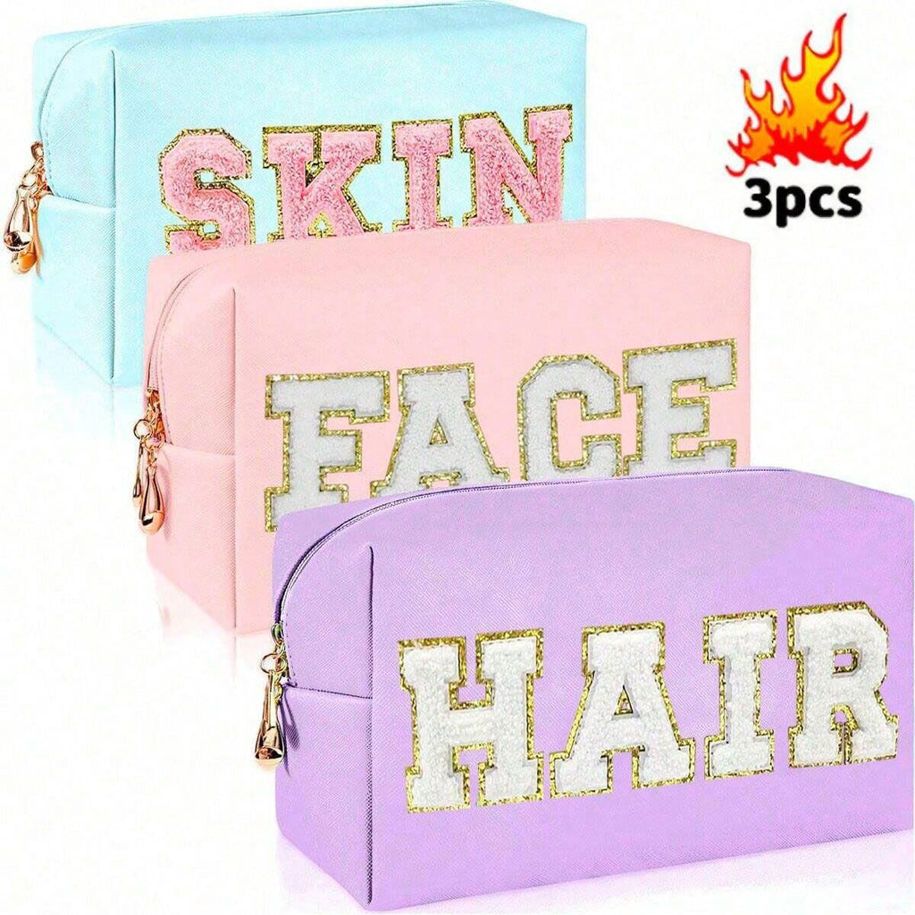 Preppy Chenille Letter Makeup Bag Set - SKIN FACE HAIR Cosmetic Pouches.