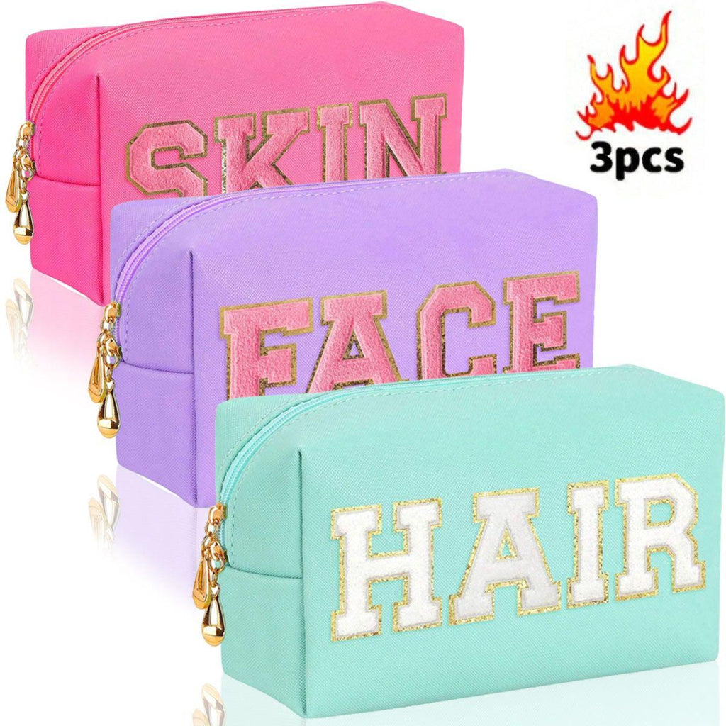 Preppy Chenille Letter Makeup Bag Set - SKIN FACE HAIR Cosmetic Pouches.