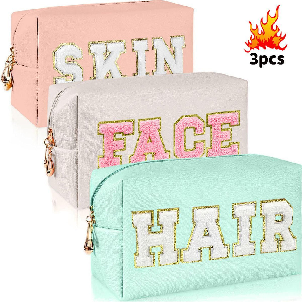 Preppy Chenille Letter Makeup Bag Set - SKIN FACE HAIR Cosmetic Pouches.