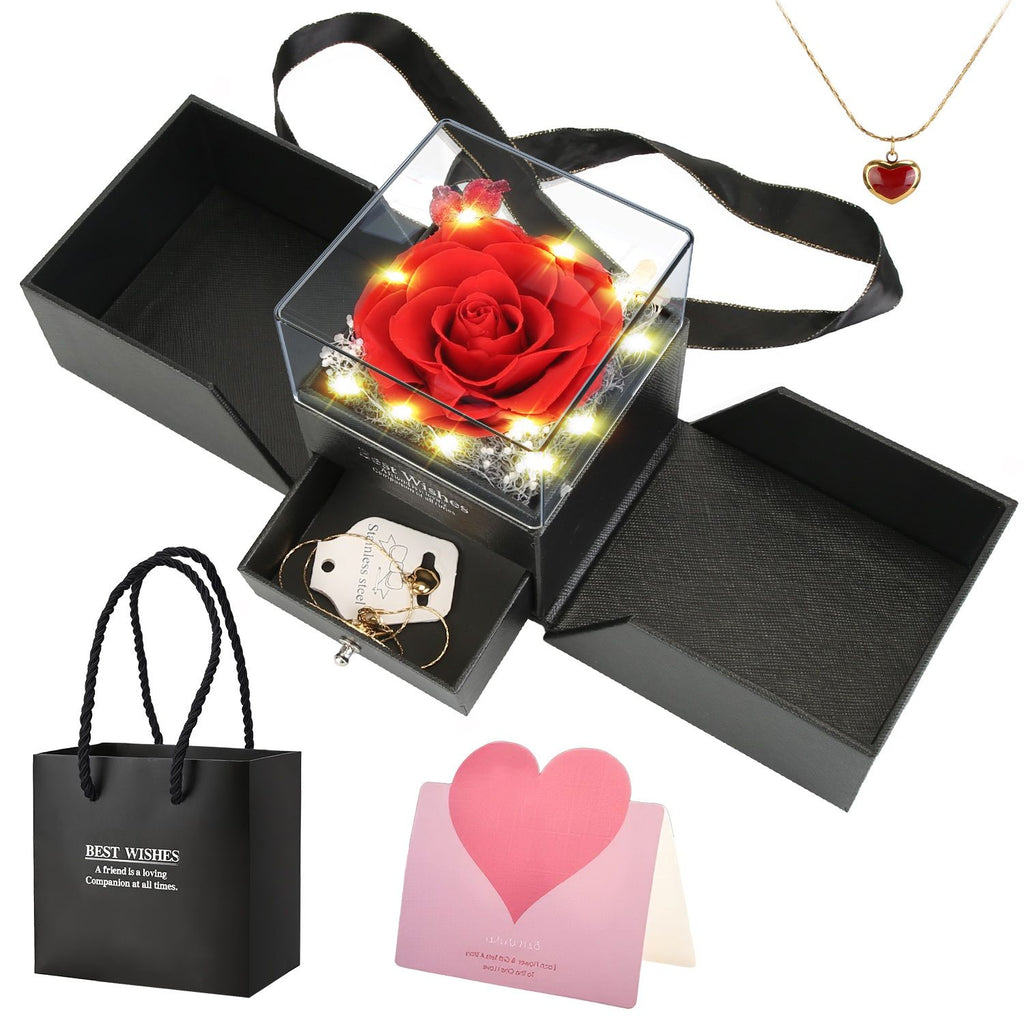 Preserved Red Real Rose with Heart Necklace Eternal Flowers Rose with Golden Necklace Gifts for Women Mom Wife Girlfriend Grandma on Valentine Mother Day Christmas Anniversary