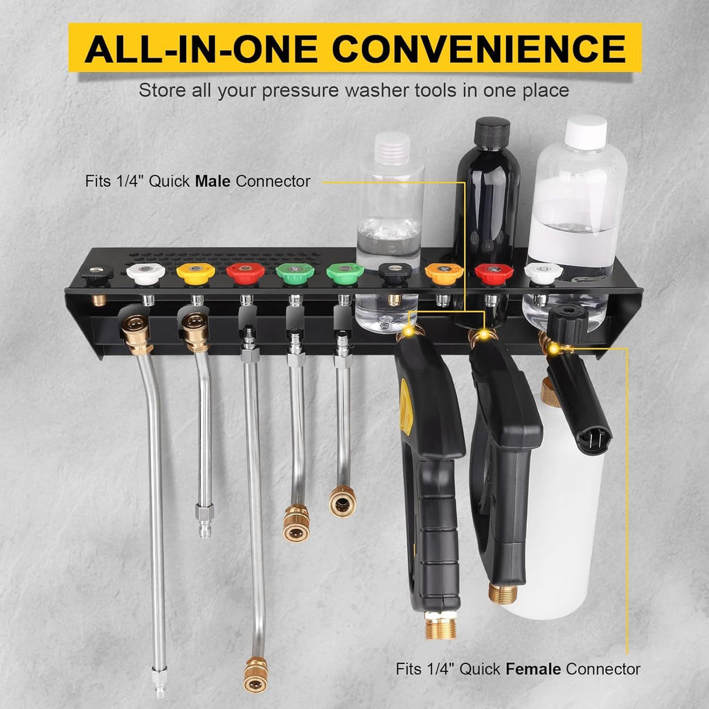 Pressure Washer Gun & Foam Cannon Holder with 1/4 Inch Quick Connector, Wall-Mounted Nozzle Tip & Extension Wand Organizer for Pressure Washer Parts & Accessories
