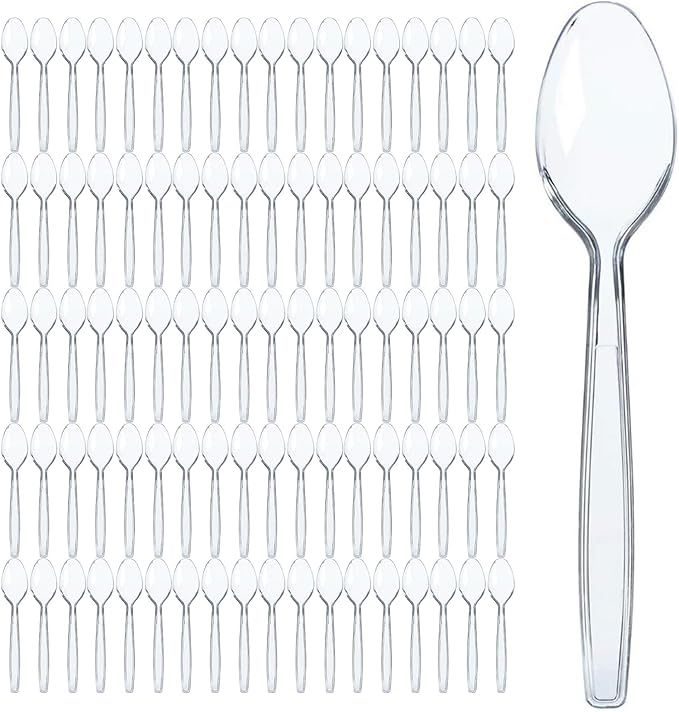 Prestee 300 Plastic Spoons Bulk - 6-Inch Heavy Duty Disposable Silverware and Plastic Utensils Set - Durable Clear Cutlery for Hot and Cold Food - Strong Spoon Flatware for Parties and Events